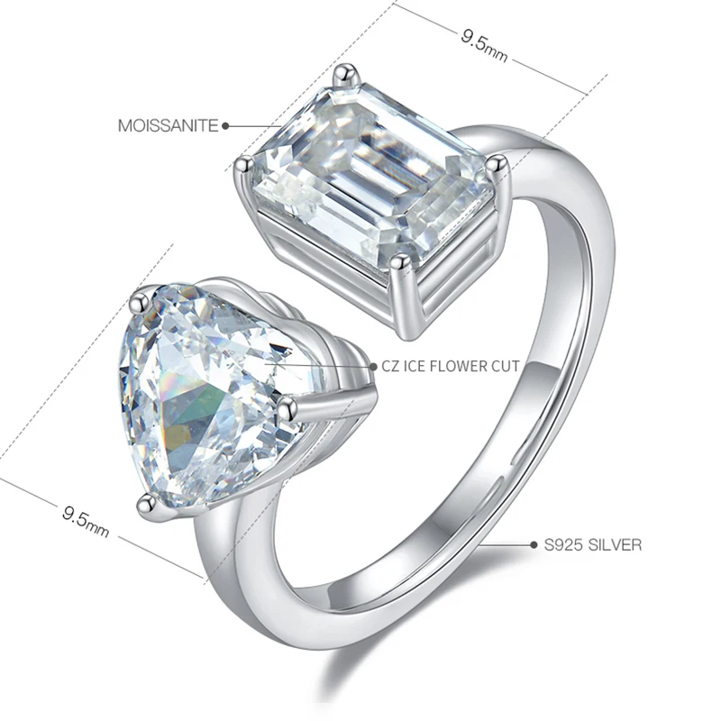 

GEM'S BALLET 925 Sterling Silver Heart High Carbon Diamond Emerald Cut Moissanite Engagement Promise Rings in Toi Et Moie Ring