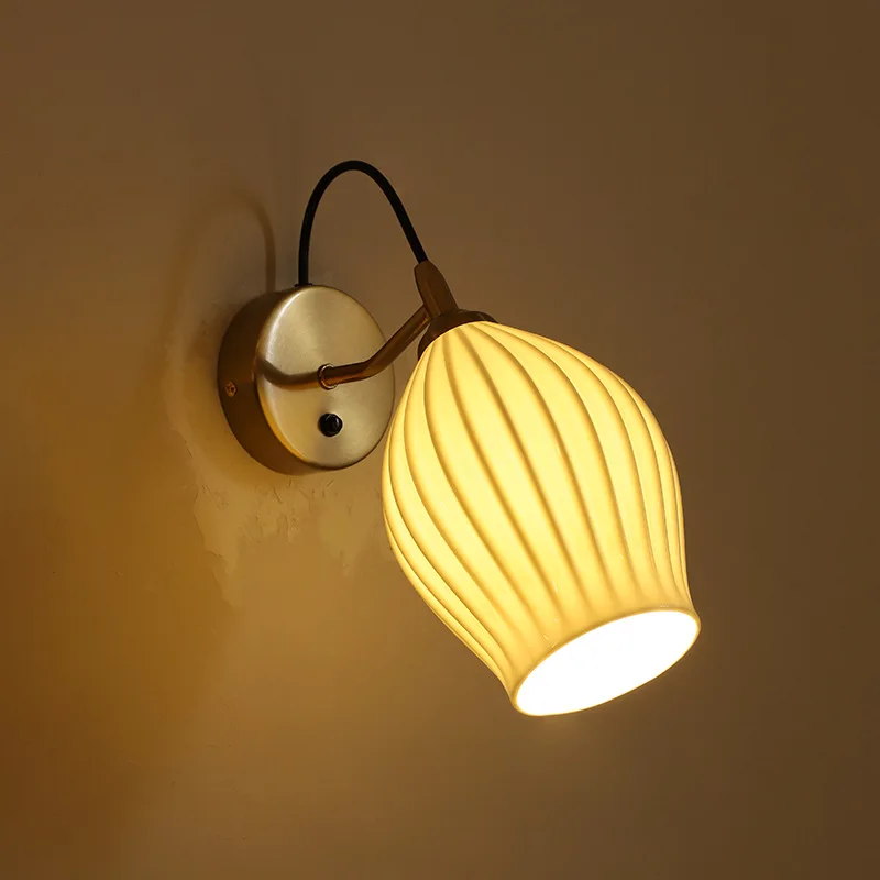 New Personality Vintage Ceramic Popular Korea Popular Simple White Brushed Nickle Brass E14 Wall Lamp Bedside Lamp