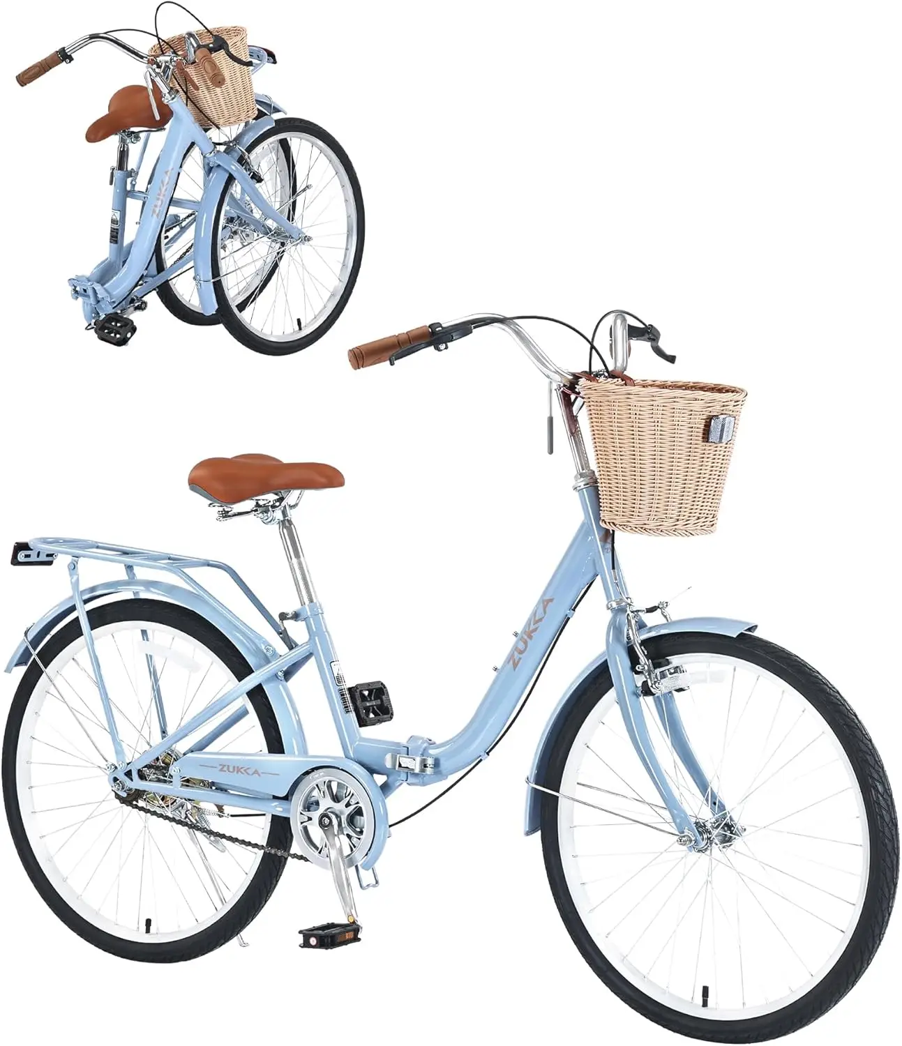 

ZUKKA 24 Inch Folding Girls/Womens Cruiser Bike，1-Speed Foldable Hybrid City Bicycle with Dual Brakes,Basket & Rear Rack