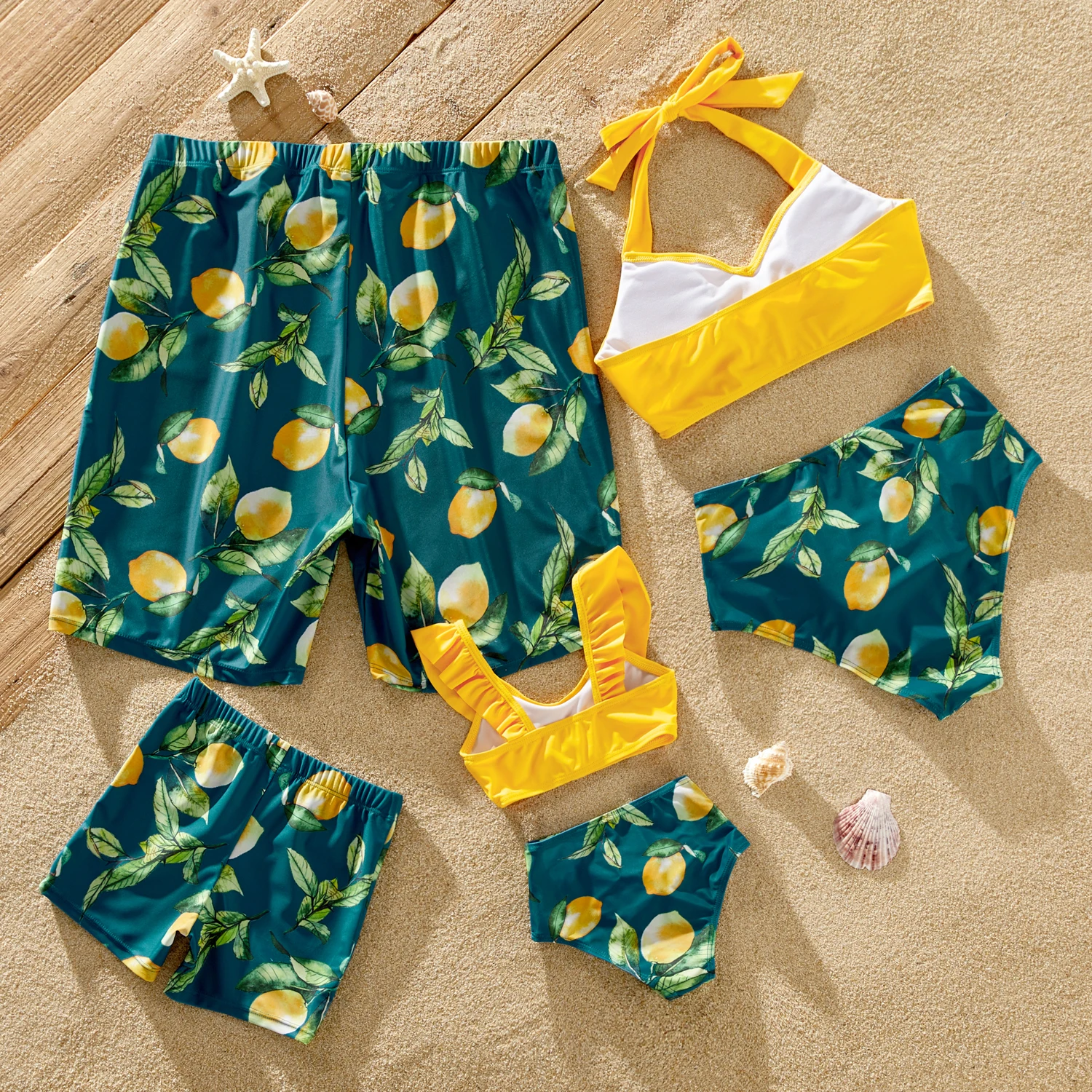 PatPat Family Matching Allover Lemon Print and Solid Halter Neck Two-piece Swimsuit or Swim Trunks Shorts