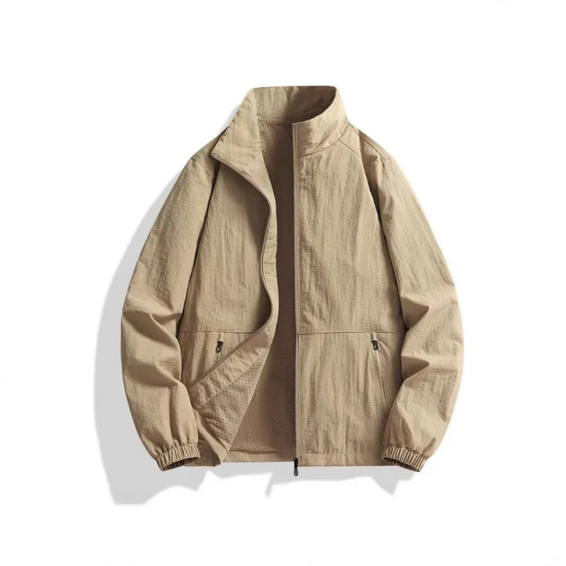 Chaqueta con cuello alto y cremallera para hombre, forro de malla, múltiples bolsillos, holgada, informal, cortavientos para exteriores