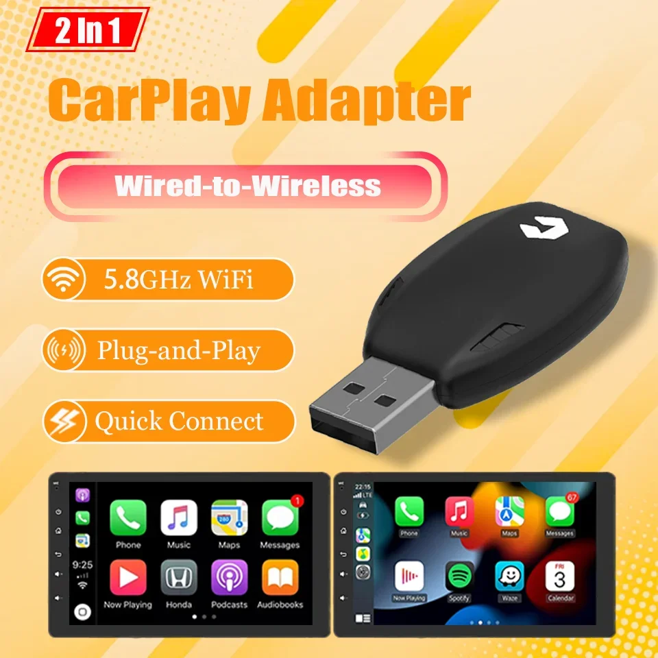 

New 2IN1 Wireless CarPlay Adapter Box for Apple CarPlay & Andriod Auto Wired to Wireless, 5.8G Wifi Universal Fits 98% of Cars