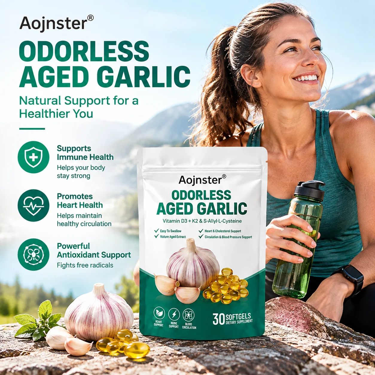 Odorless Aged Garlic Softgels with Vitamin D3 K2 & S-Allyl-L-Cysteine,Natural Aged Garlic Extract for Nutrition Support