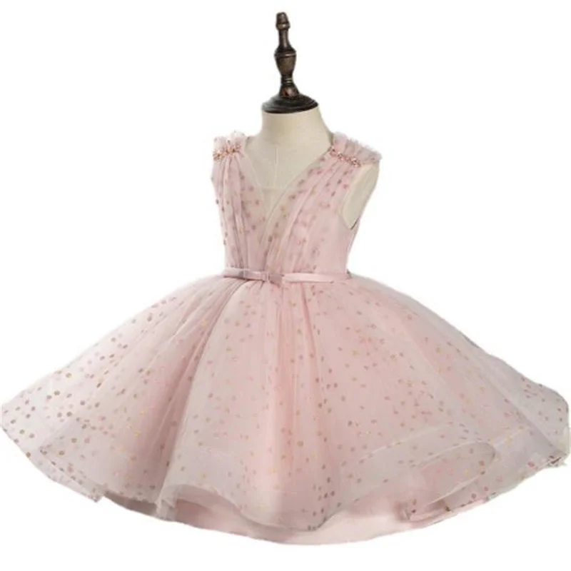 

Girls Sleeveless Strap Pink Fashion Dress Spring Puffy PrincessFlower Girl Wedding Dress Piano sequins