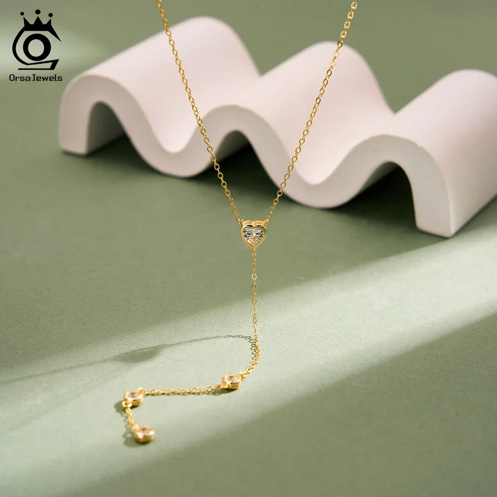 

ORSA JEWELS Exquisite 925 Sterling Silver Long Chain Necklace for Women Shiny Summer Sexy Y-shaped Jewelry Accessorry BQN37