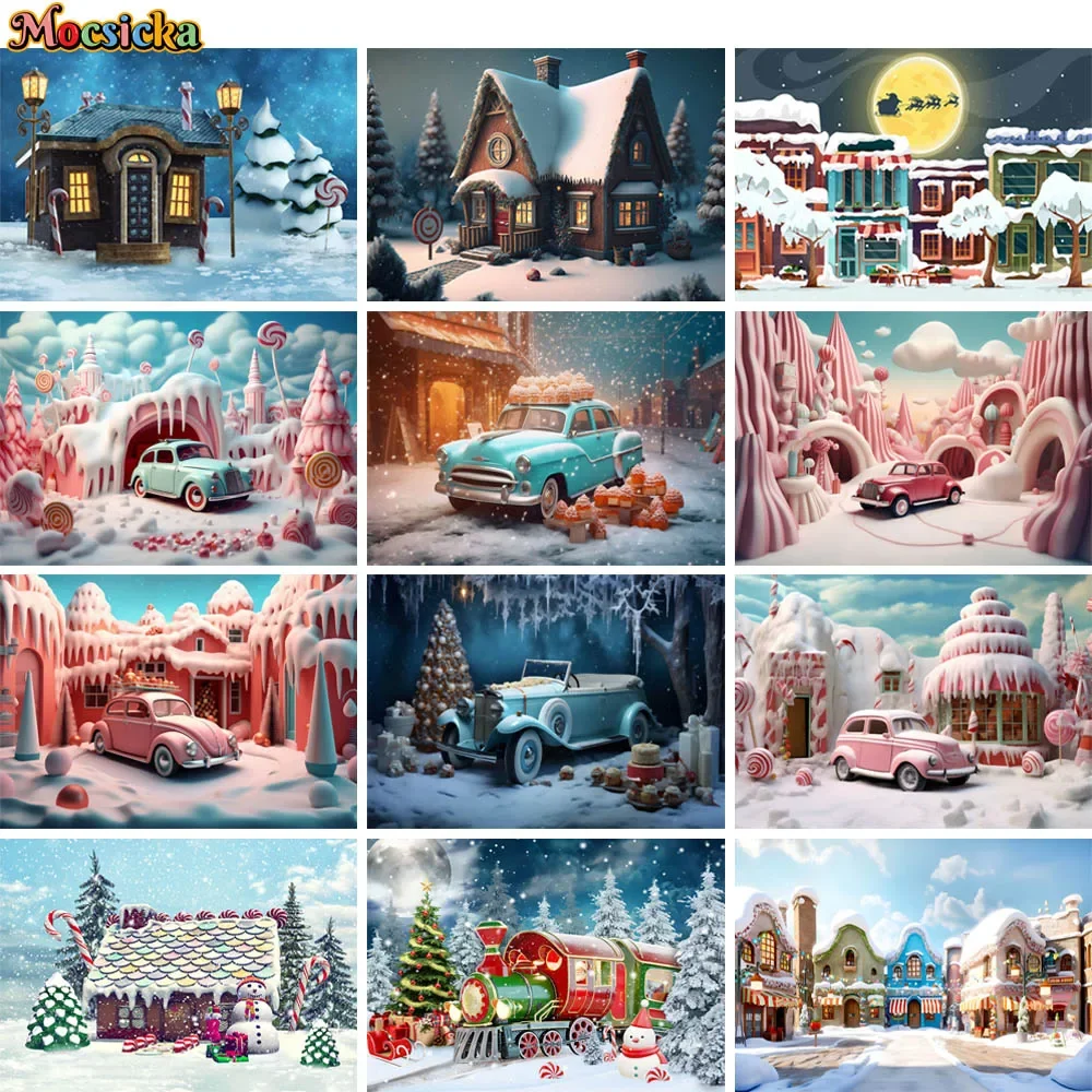 

Cartoon Christmas Photography Backdrops Candy World Wonderland Frozen Winter Snow Xmas Tree Kids Birthday Cake Smash Background