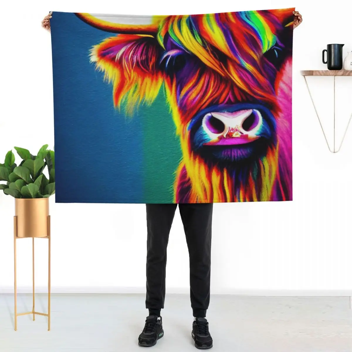 Rainbow Scottish Highland Cattle, colorful Throw Blanket Wrinkle Resistant Lightweight Blanket
