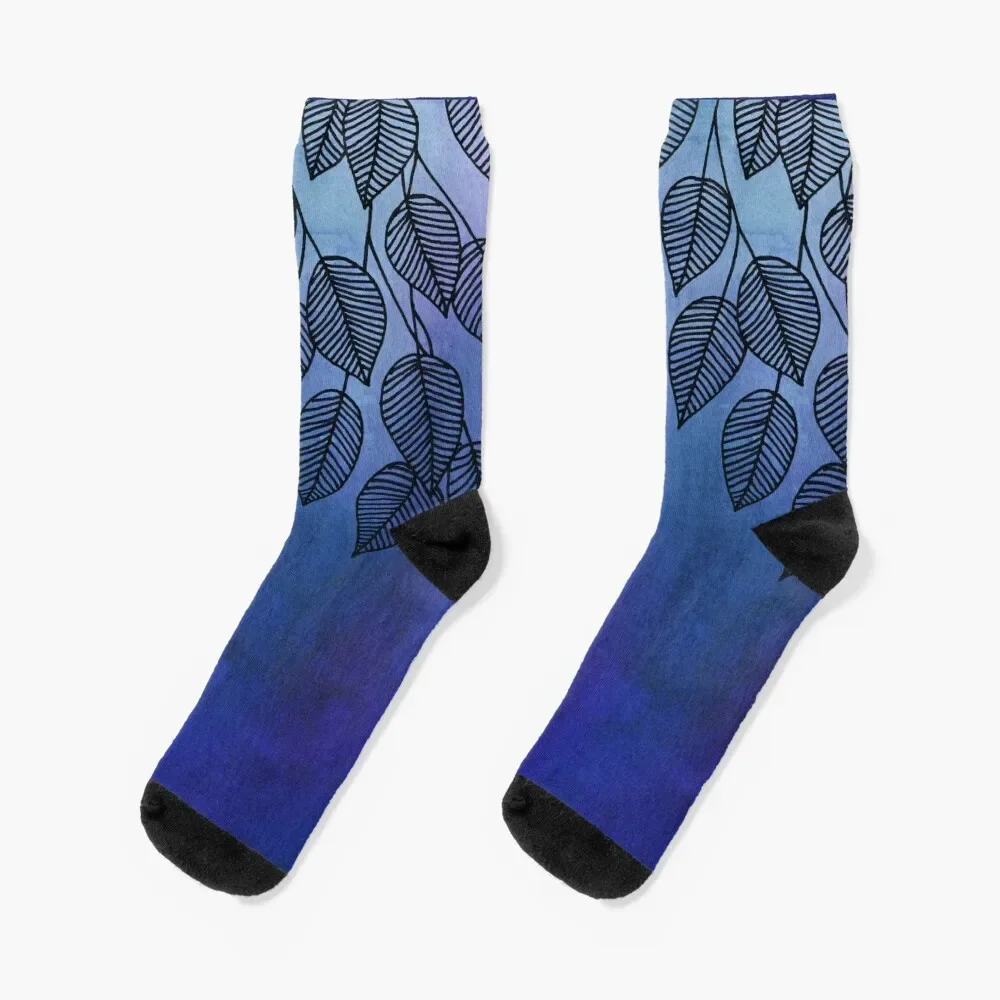 Midnight Blue Garden - watercolor & ink leaves Socks moving stockings aesthetic Rugby Socks Men Women's