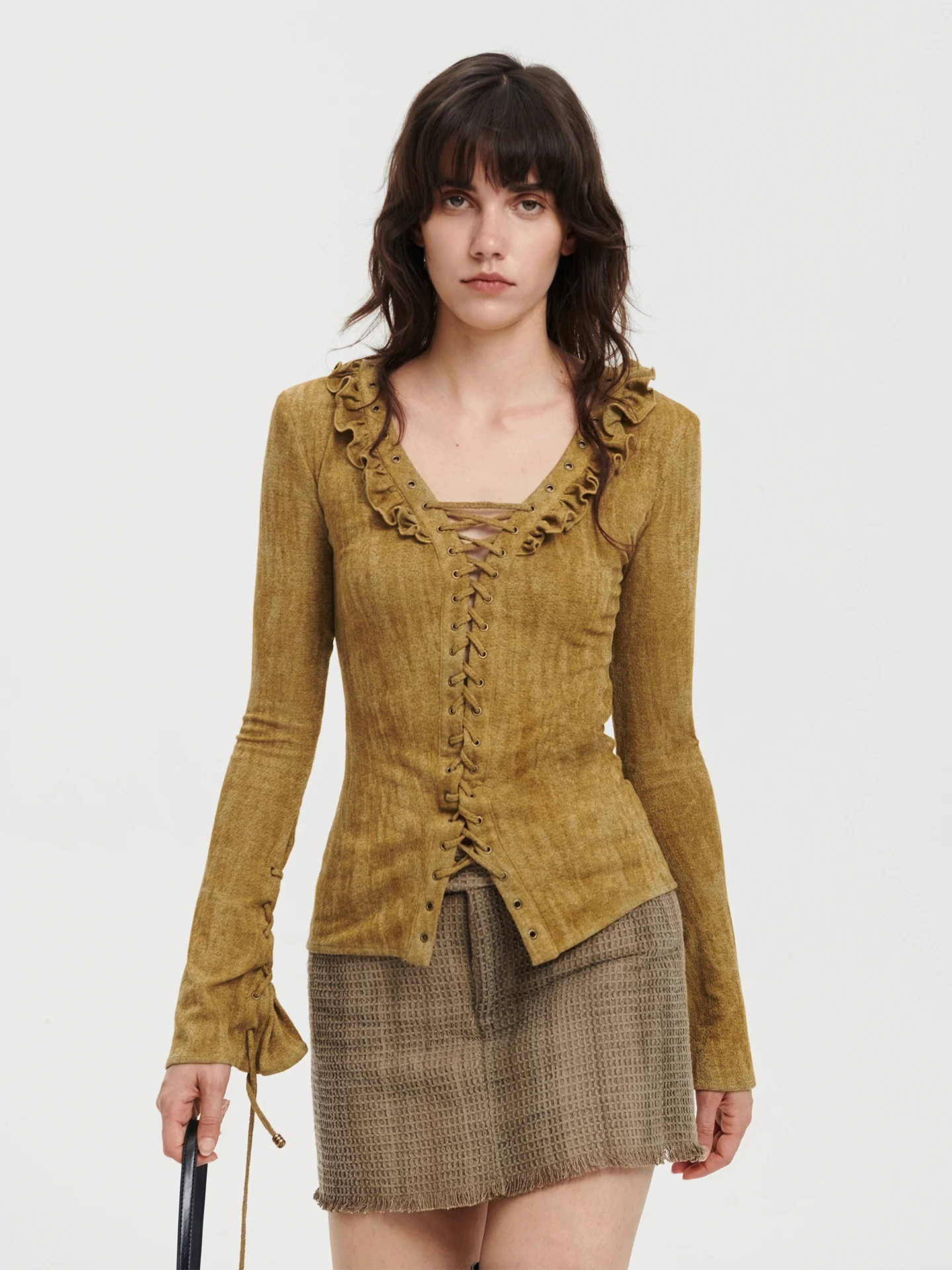 

Вязаная футболка в стиле ретро с длинными рукавами-колокол и завязками для женщин, дышащий и удобный топ из смесового полиэстера