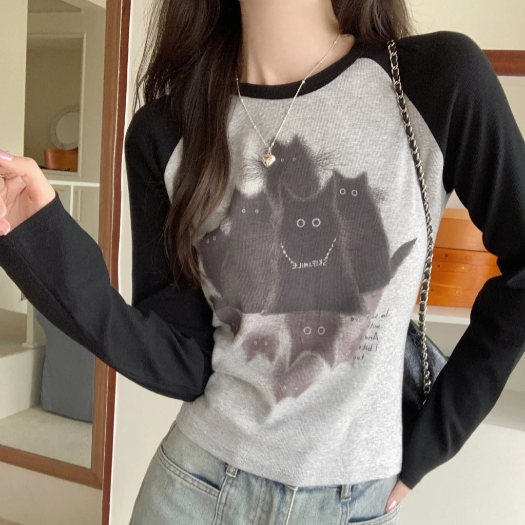 Women pure cotton Long Sleeve T Shirt Spring Autumn cartoon print Slim Casual t-shirts Female Pullovers Y2k Streetwear gray Tops