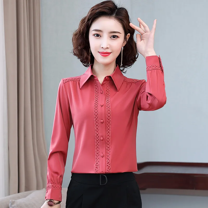 Spring Fall Women 2023 Shirts Office Female White Lace Jacquard Patchwork Collared Button Up Long Sleeve Chiffon OL Blouses Top