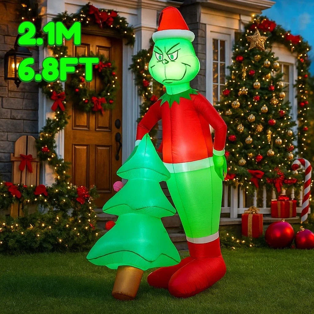 6.8ft brinquedos infláveis decorações de natal inflável grinch segurando árvores de natal natal casa quintal led luz decoração suprimentos