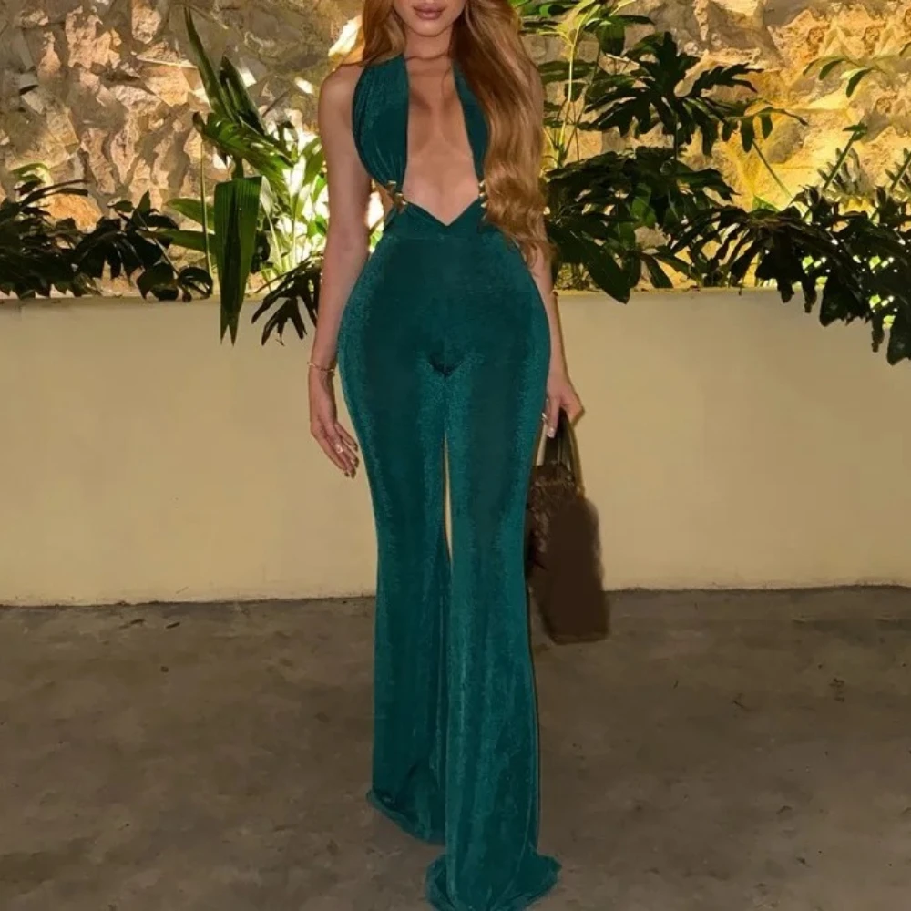 

Women Fashion Sexy Flare Jumpsuits Metal Buckle Knots Deep V Neck Halter Backless Ruched Peach Hips Slim Party Overalls Rompers