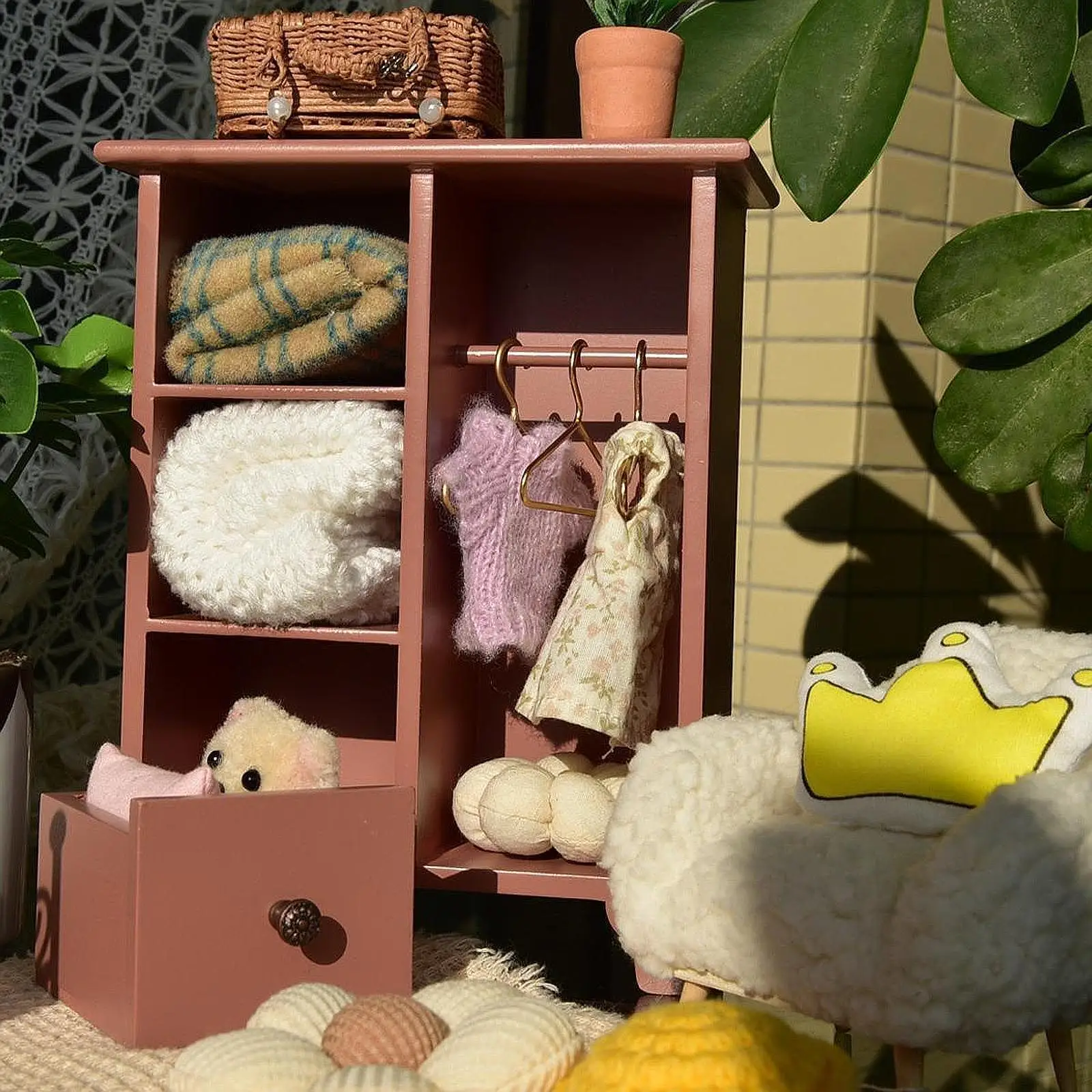 1 12 Dollhouse Miniature Wardrobe Cabinet Wooden Clothes Rack with Drawer Vertical Storage Closet Furniture for Doll Room Box