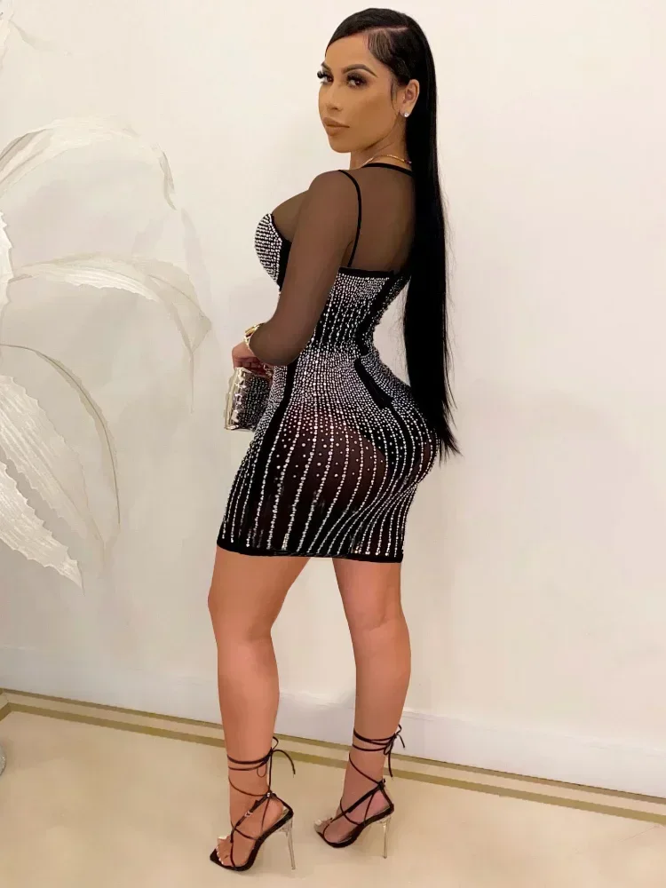 GUWU انظر من خلال شبكة المرقعة مثير كريستال حجر الراين Bodycon فستان شير حفلة ليلة بريق فستان عيد ميلاد النساء كلوبوير