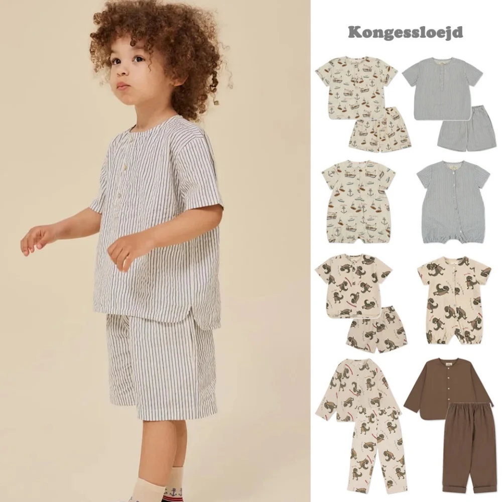 Summer 2026 New Arrival Kids' Clothing Set Striped Boys Short Sleeve +Girl Shorts Pant Cartoon Sailing Onesie Cotton in Stock