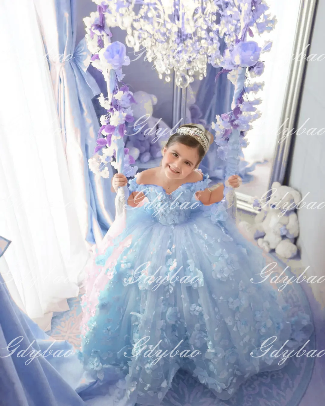 

Blue 3d Applique Flower Girl Dress For Wedding Off Shoulder Luxurious Pearls Tulle Child First Eucharistic Birthday Party Dress