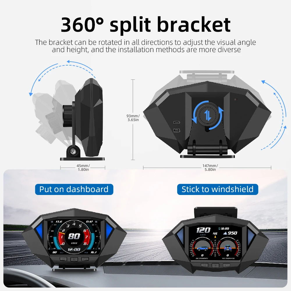 Nuovo P1 OBD LCD ad alta definizione montato su auto HUD Head Up Display misuratore di pendenza dell\'altitudine della velocità del veicolo