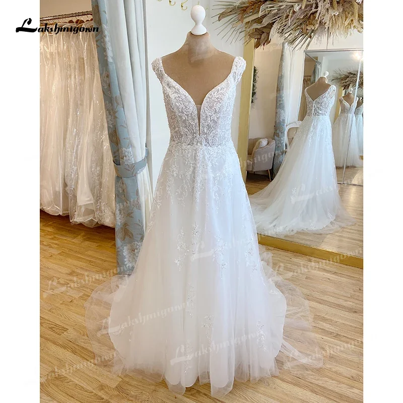 Boho uma linha vestidos de casamento para as mulheres sexy decote em v botão traseiro miçangas rendas apliques vestidos de noiva varredura boné manga robe de mariée