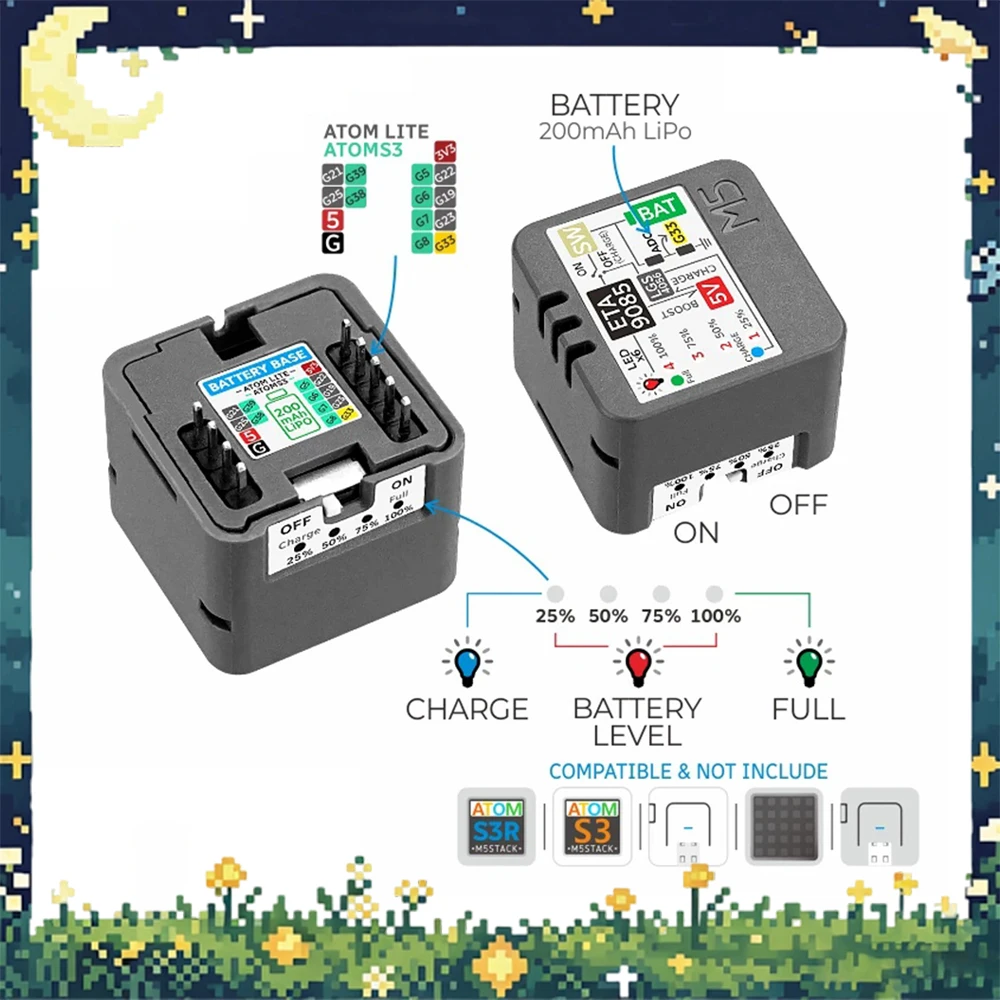 M5Stack Atomic Battery Base Rechargeable Power Base 200mAh Battery Step-Up Charging One-Button Change Over Battery Powered Base