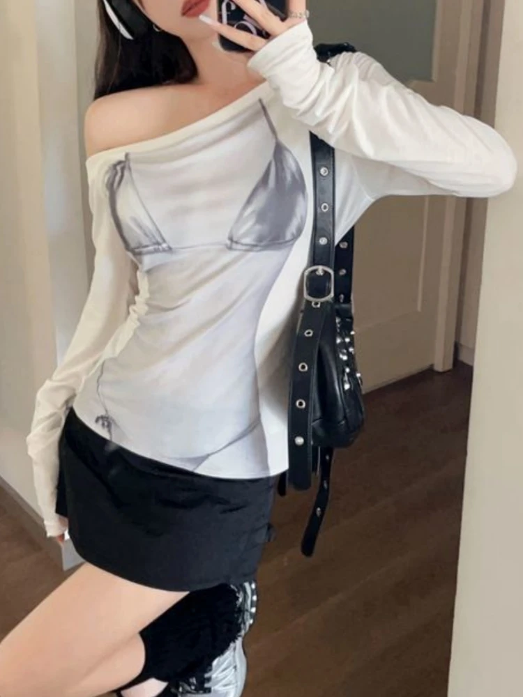 

Graphic T Shirts For Women Streetwear Long Sleeve Y2k Top Inclined Collar Feminist Clothes Slim Fit Camisetas Ropa De Mujer