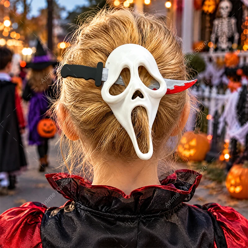 3D Printed Halloween Scream Ghost Face Hair Stick, Horror Knife Through Mask Hairpin Halloween Party Costume Accessories
