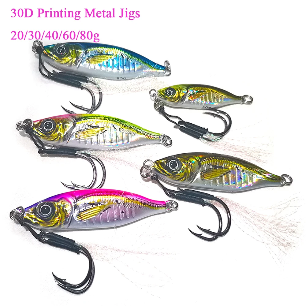 20/30/40/60/80g Metal Lure 3D Print Jig Little Jack Saltwater Sea Bass Jigging Slow Sinking Lure Shore Drag Cast Tuna Fishing