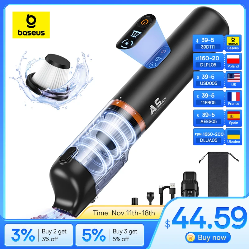 Baseus A5 Air Car Vacuum Cleaner 2-in-1 Powerful Wireless Cleaner Strong Suction Handheld Car Cleaning Portable Home Appliance 