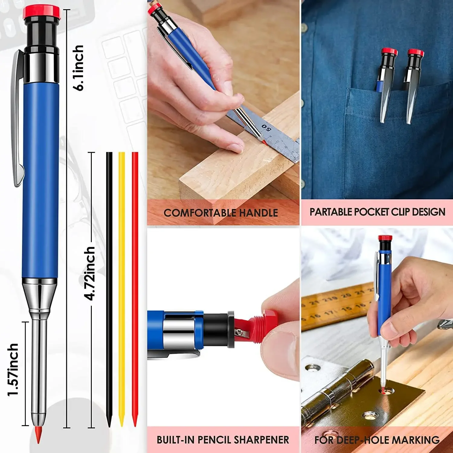 Crayon mécanique de charpentier en métal massif de 2,8 mm avec taille-crayon, mine pour trous profonds, outil de marquage et de traçage pour la construction