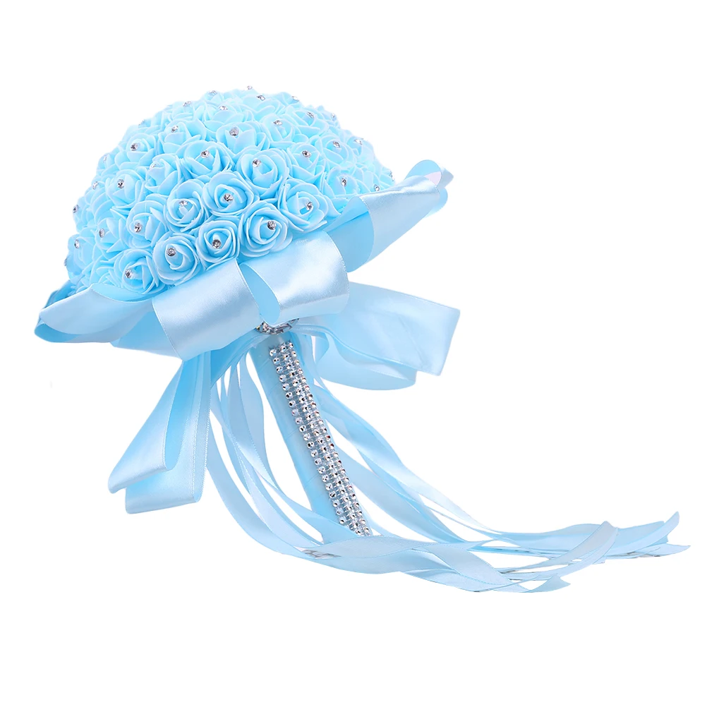 

Artificial Rose Bridal Hand Bouquet Fake Flowers Wedding Centerpieces Eco Friendly Rhinestone Soft Ribbon White PE Roses
