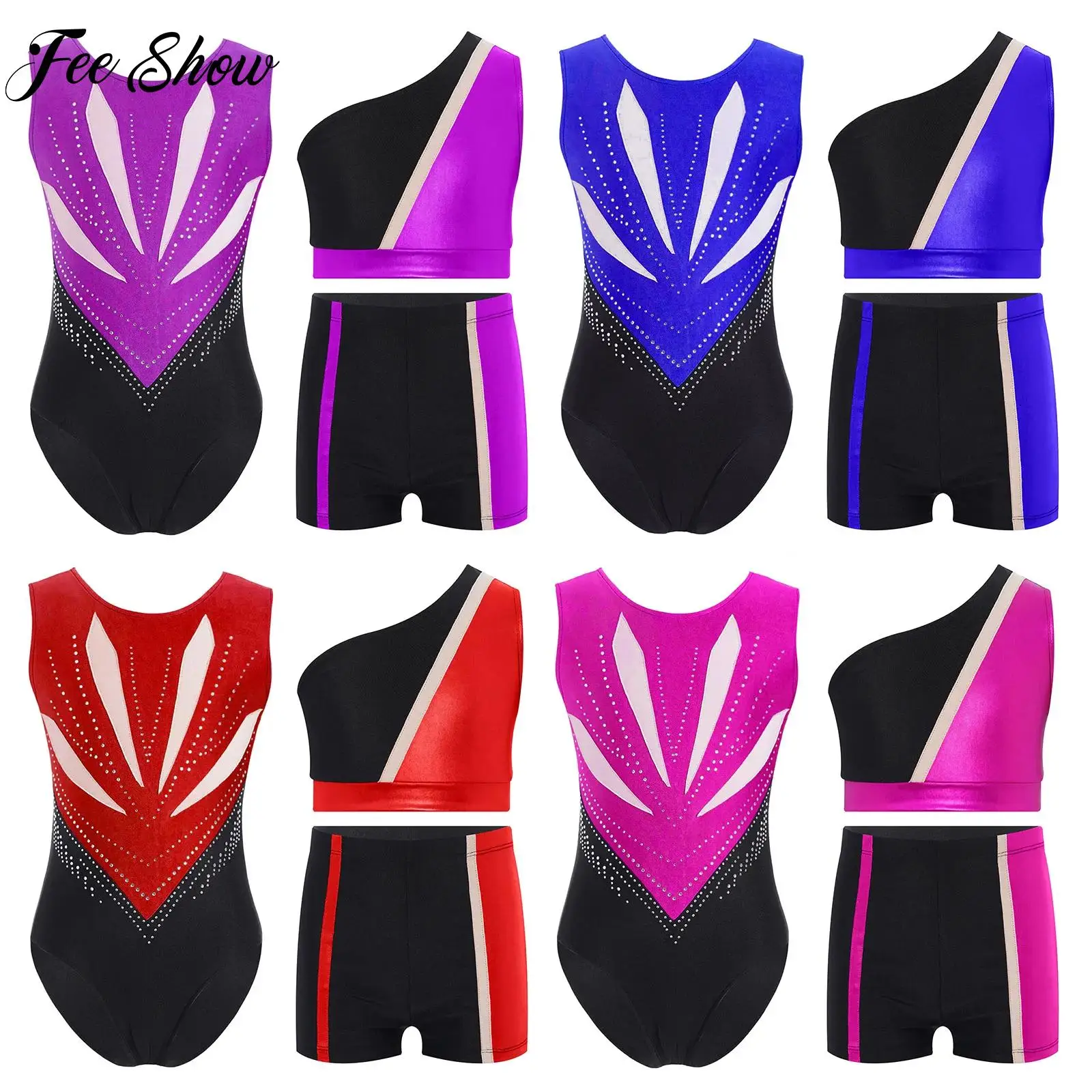 

Kids Girls Dance Competition Costume Ballet Dance One Shoulder Sleeveless Crop Top+Shorts+Leotard Set Gymnastics Stage Dancewear
