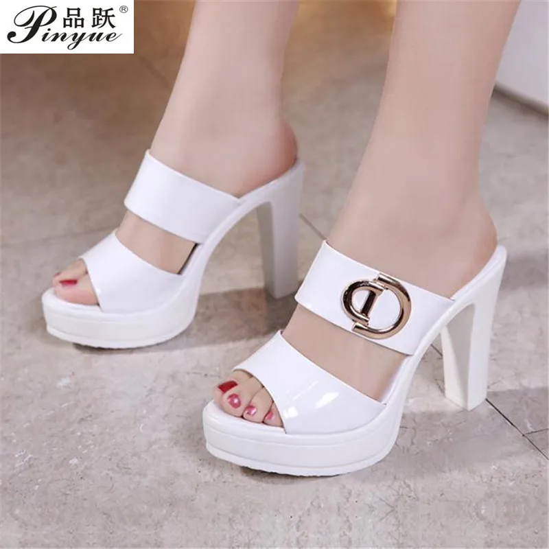 High heels Platform Slippers Summer Shoes  Solid High Heels Slides Women Office OL Fashion Big Size 32-43 Open Slippers