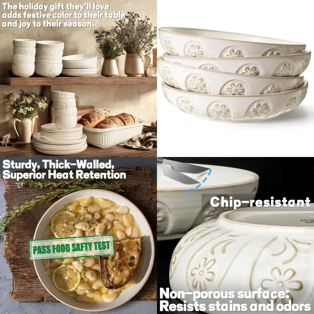 

Large 50oz Pasta & Salad Bowls Set, 9.75 Dinner Plates, White Ceic Soup Bowls, Safe for Microwave & Dishwasher