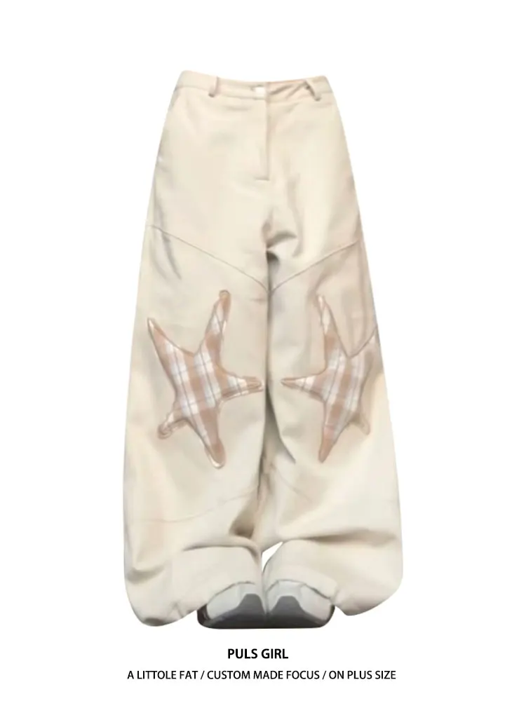 

Retro American Large Size Star Embroidery Knife Loose Wide Leg Jeans High Waist Casual High Waist Denim Pants
