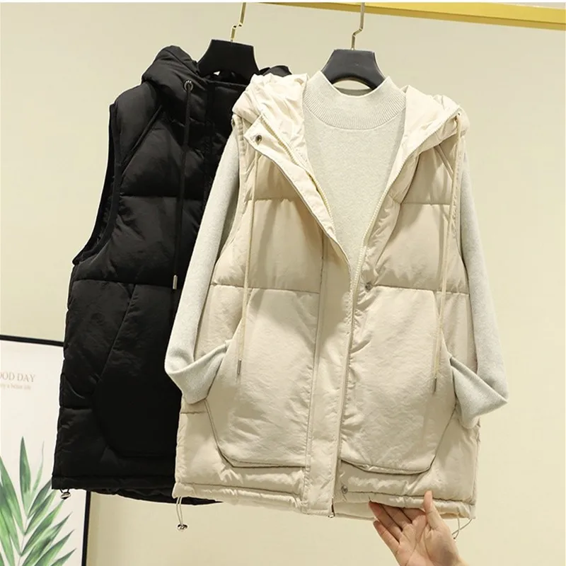 2025 가을 겨울 신상 후드 코튼 따뜻한 조끼 여학생 스트릿웨어 한국 스타일 루즈핏 민소매 파카 조끼 여성