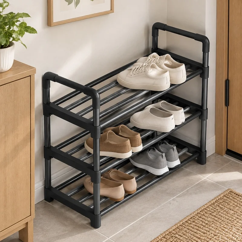Space-Efficient Black Shoe Rack with Multiple Levels, Ideal for Dorms and Entryway Storage