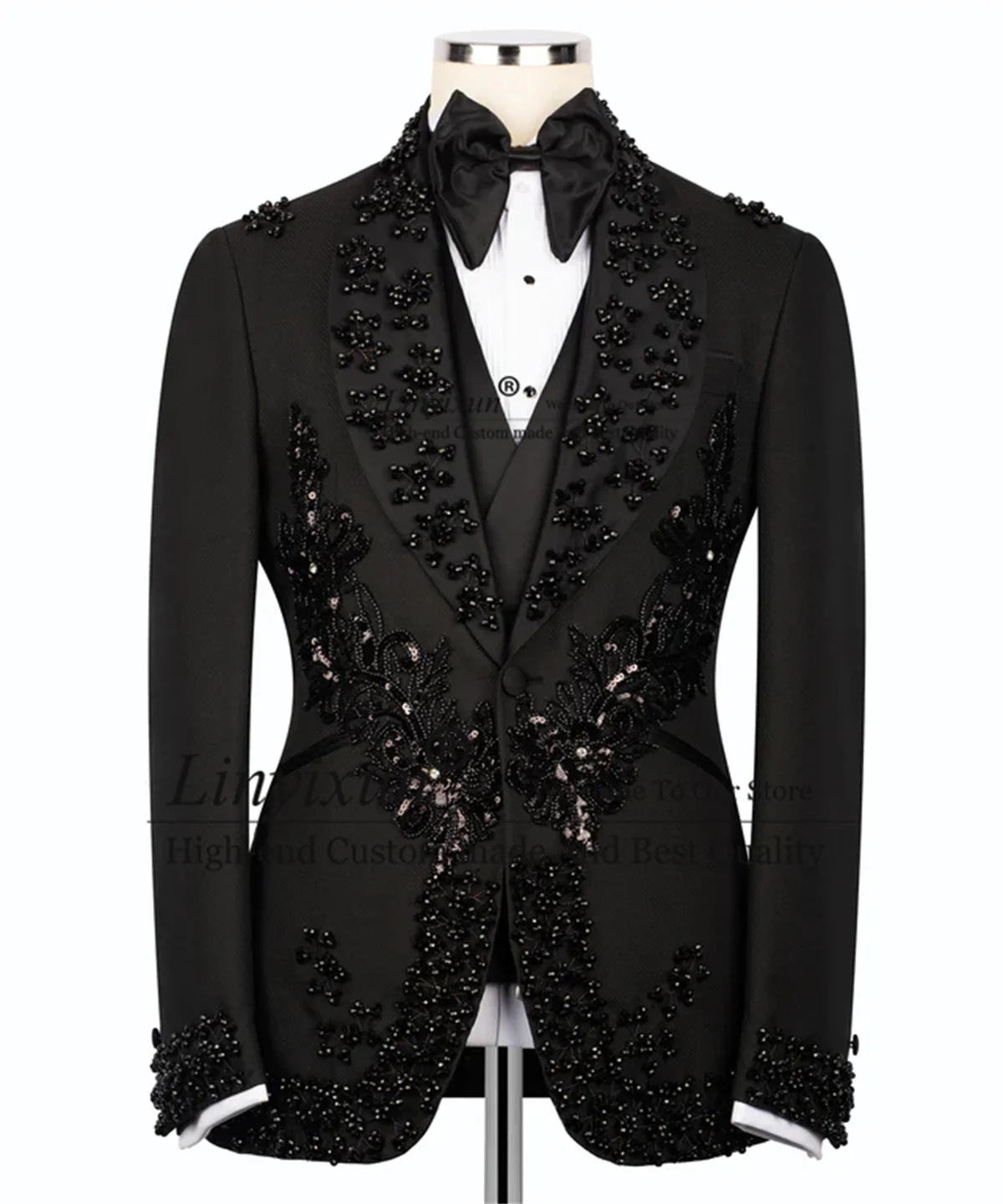 

Glitter Crystals Beaded Men Suits Shawl Lapel 3 Pieces Sets Groom Tuxedos Customized Male Prom Blazers Slim Fit ropa hombre