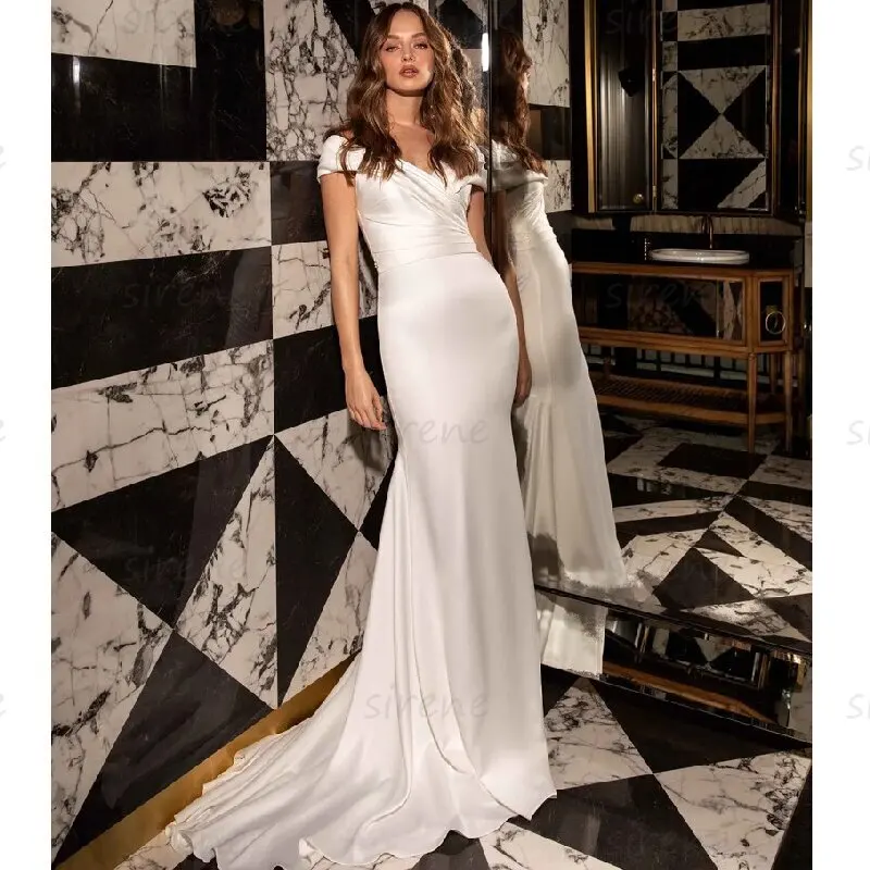 Vestido De Novia De sirena Simple para mujer, vestido De Novia blanco con escote Corazón, hombros descubiertos, satén, Espalda descubierta, tren De corte