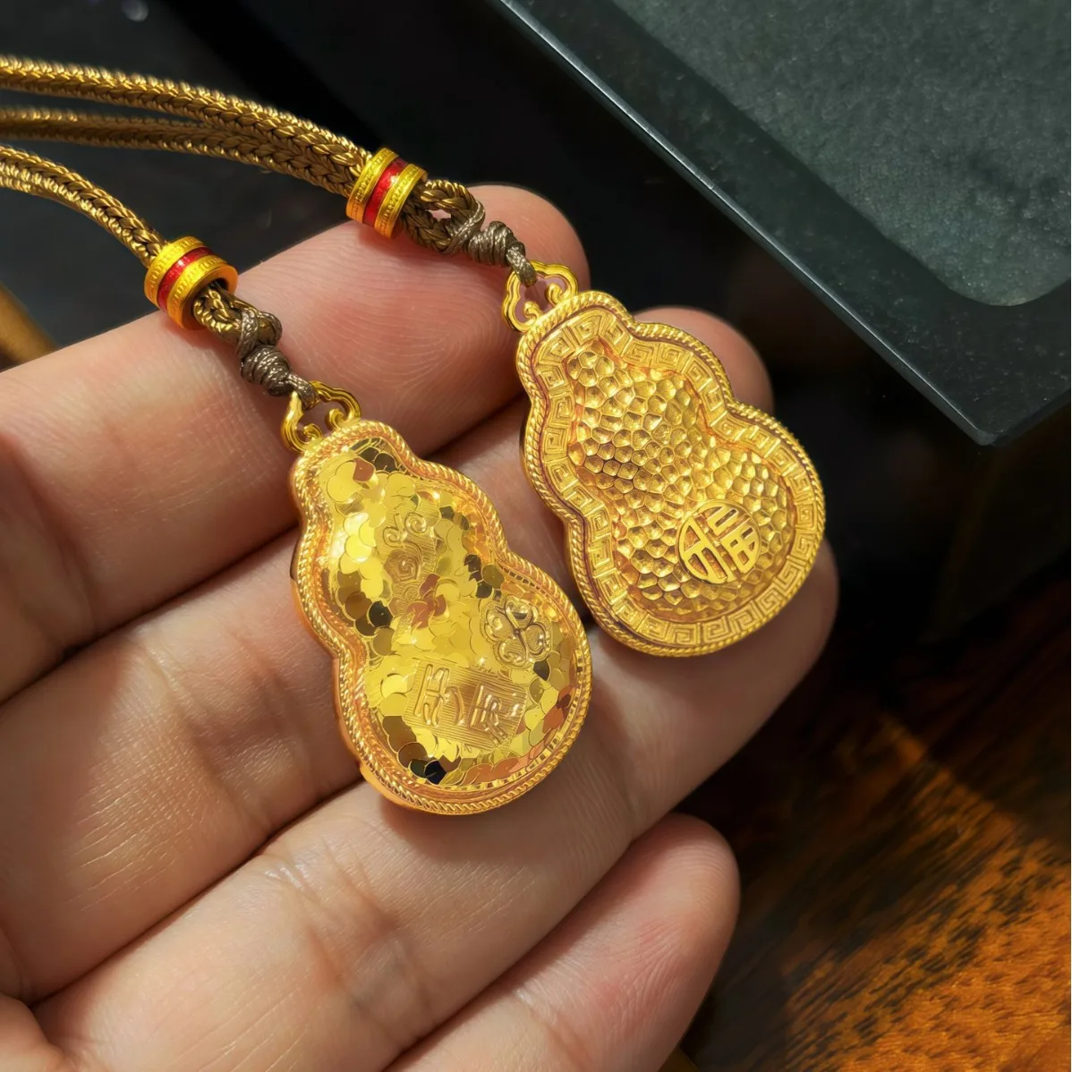 Luxury 24K 9999 Pure Gold real gold Jiyan crushed ice hammer gourd double-sided pendant women's necklace