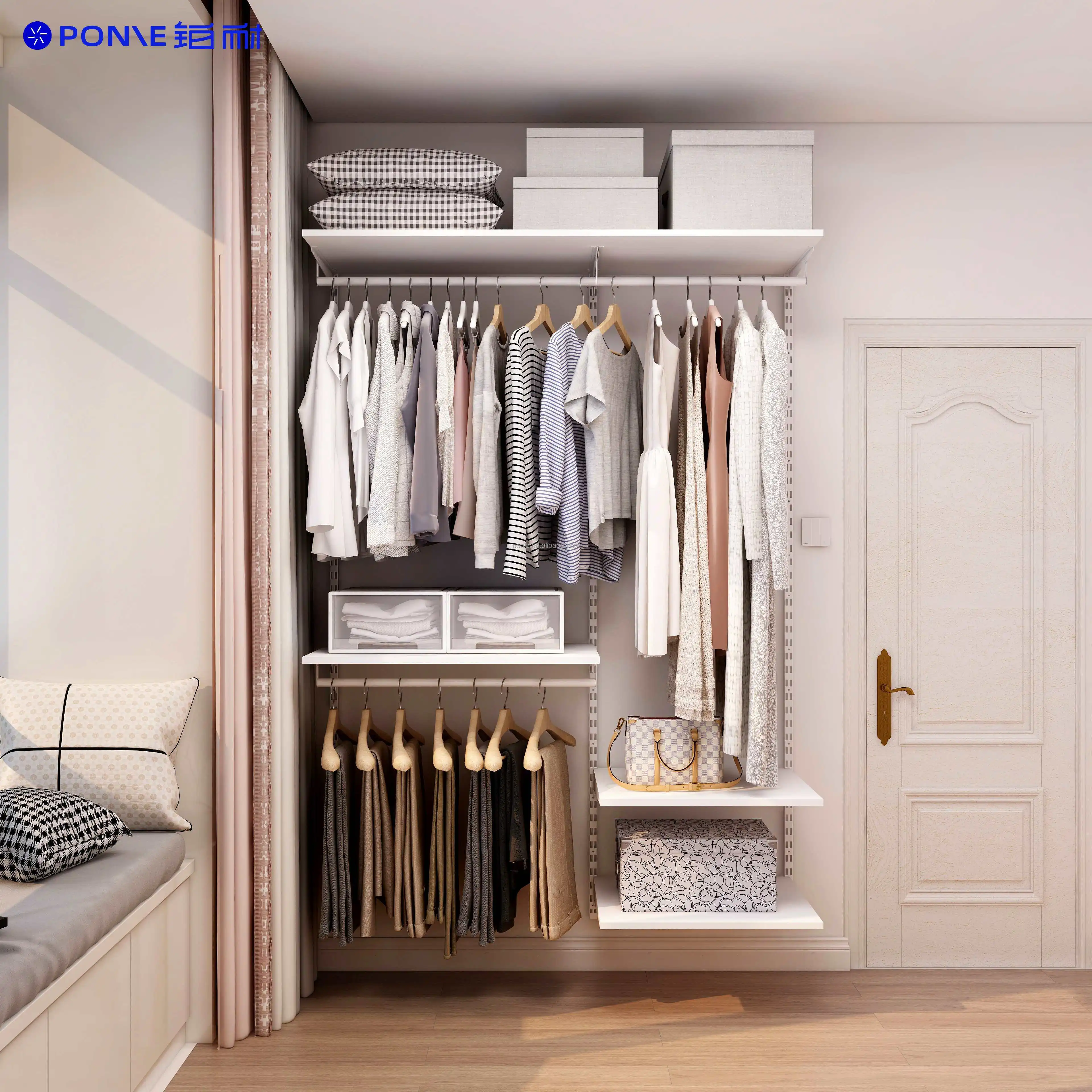 Ponie European Style Minimalist 1.4M Width Metal Wardrobe With Artificial Wooden Board Hat Clothes Storage Rack