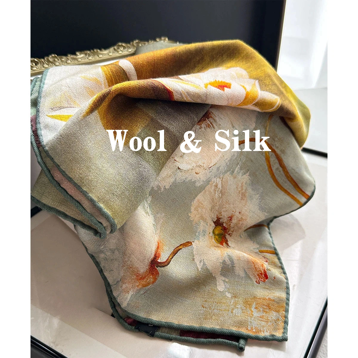 

82% Wool 18% Silk Neck Warmer Winter Luxury Designer Scarf Oil Painting Print Square Scarf Women's Stole Christmas Gifts