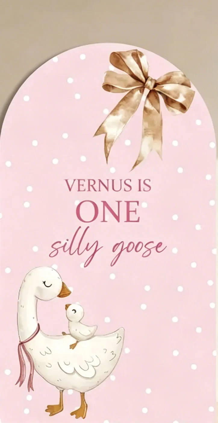 Custom 2-Sided One Silly Goose Baby Shower Arch Backdrop Cover Pink bow polka dots Custom Name Birthday Decor Backdrop Photo