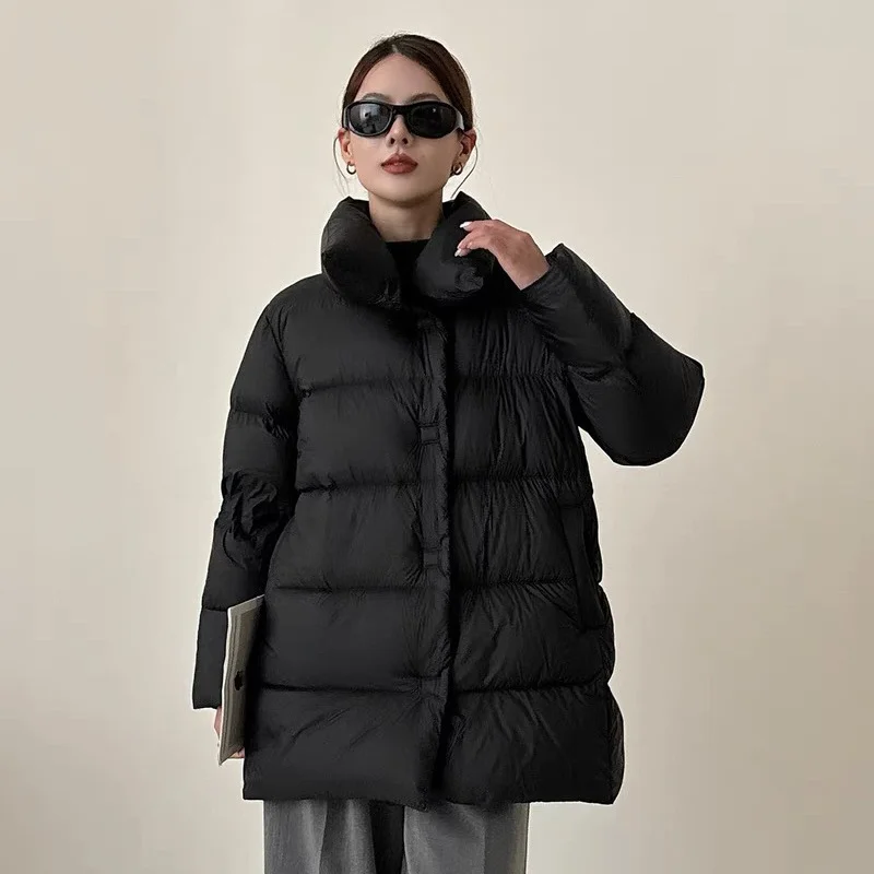 Winter Down Coats Women 2025 Retro Chinese Style Mid-length Thick Jacket 90% White Duck Tide Loose Stand-up Collar Sweet Fresh