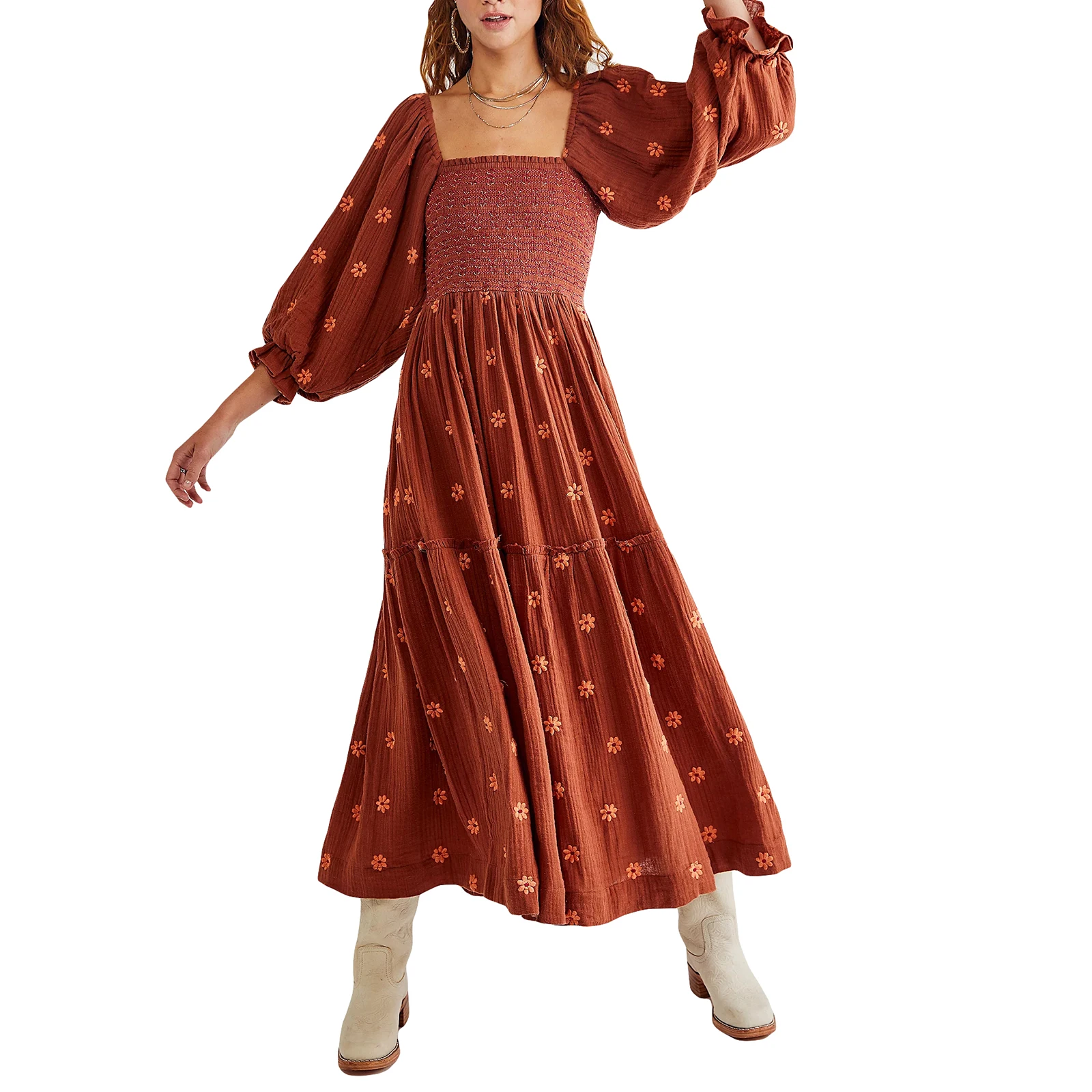 Dames Zomer Casual Lange Jurk 3d Geborduurde Bloemen Jurk Met Vierkante Hals En Pofmouwen, Mode Jurk Met Rugloze A-Lijn