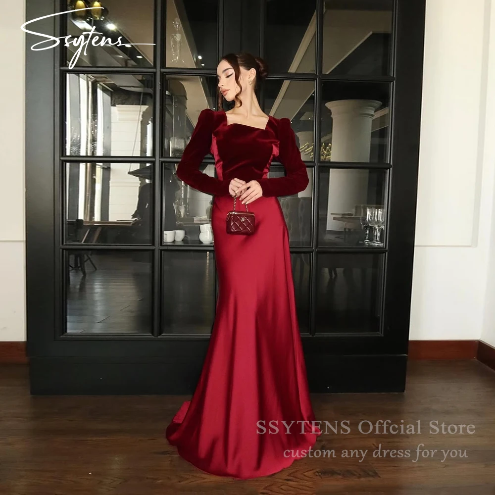 

SSYTENS Burgundy Velour Dubai Prom Dresses Elegant Abendkleid Floor Length Evening Party Gowns Long Robes De Soirée Customized
