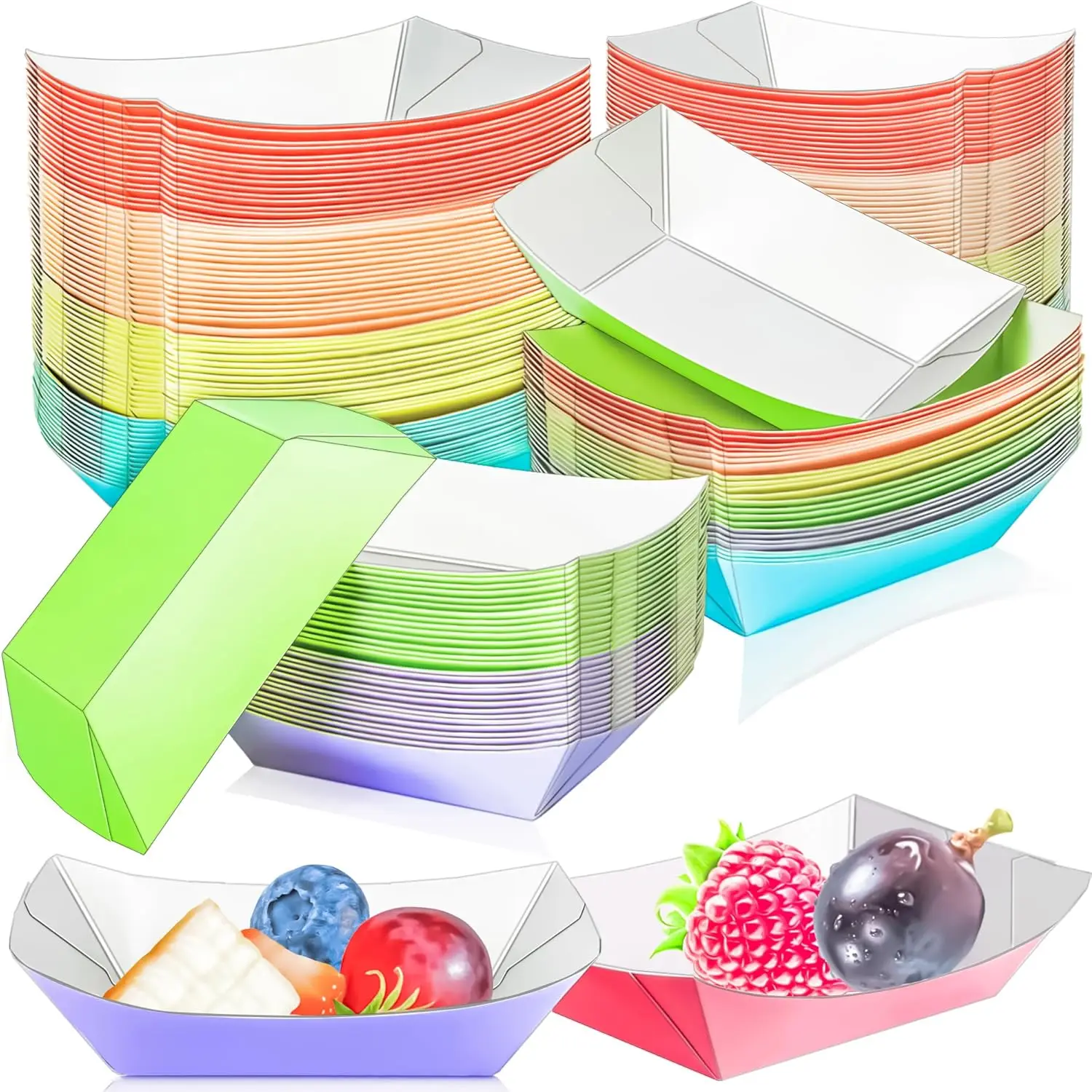 100 Pack Colorful 1/4Lb Paper Food Boat Trays Disposable Small Plates for Snack Fries Dessert BBQ Taco Nacho