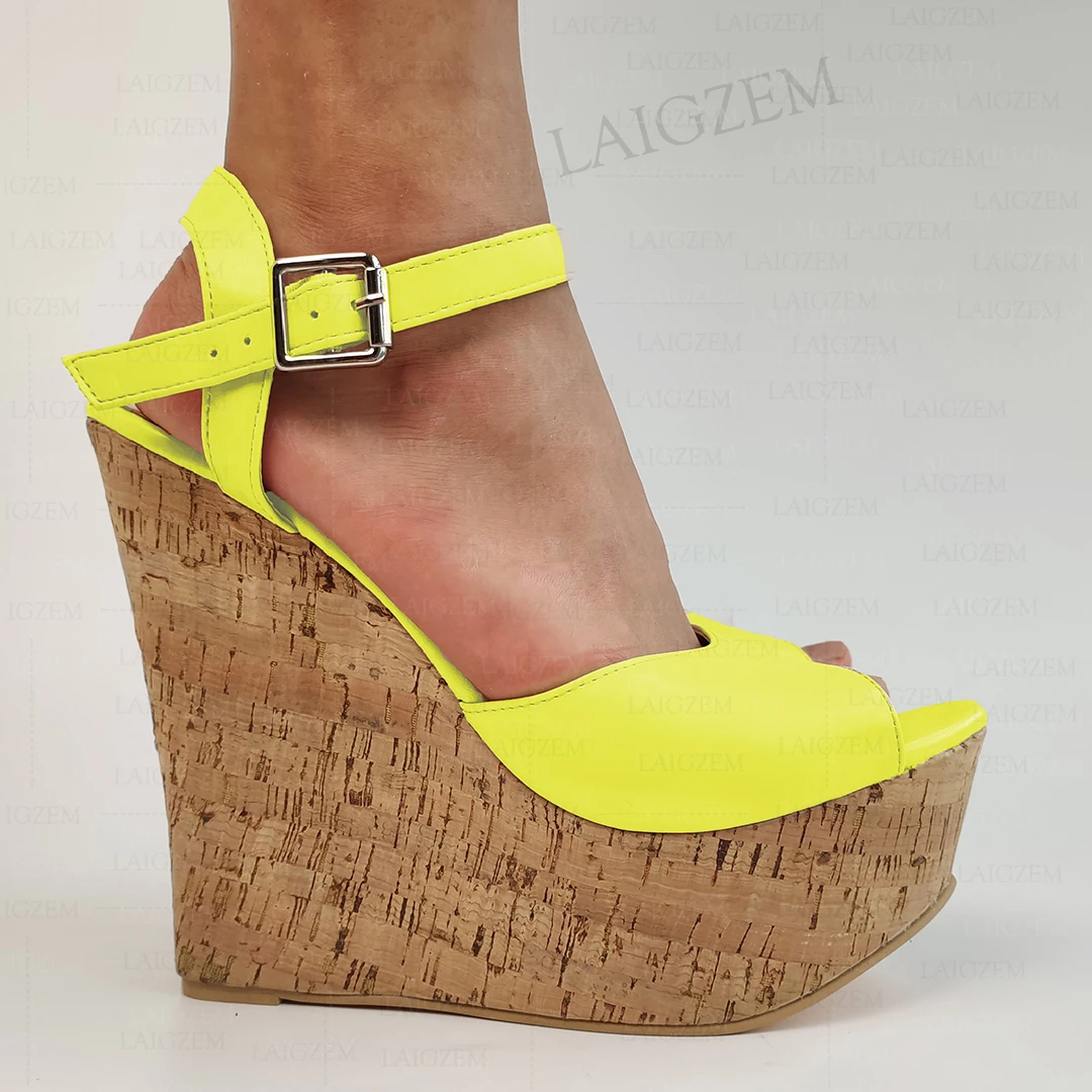 

LAIGZEM Women Sandals Platform Wedges Ankle Strap Height Increase Pumps Party Summer Female Shoes Woman Big Size 41 44 47