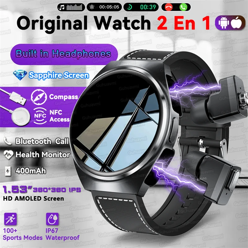 

2025 New Original Smart Watch 2 in 1 Earbuds Watches 360*360 AMOLED Call Health Monitor Sport Tracker NFC Waterproof Smartwatchs
