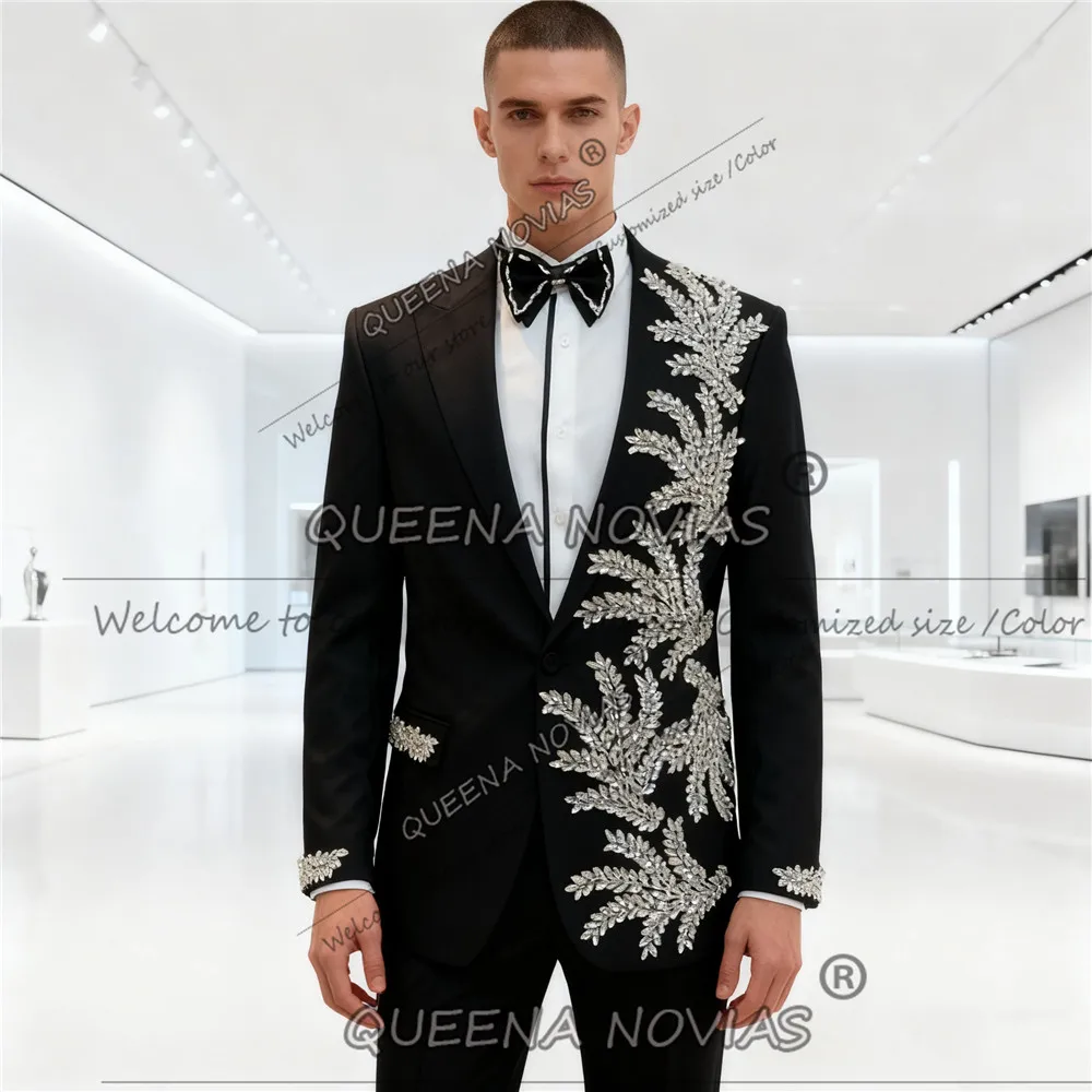 

Luxury Rhinestones Beaded Suits Men Skinny Jacket Pants 2-Piece Sets Groom Formal Party Dresses Man Wedding Tuxedo Prom Blazer