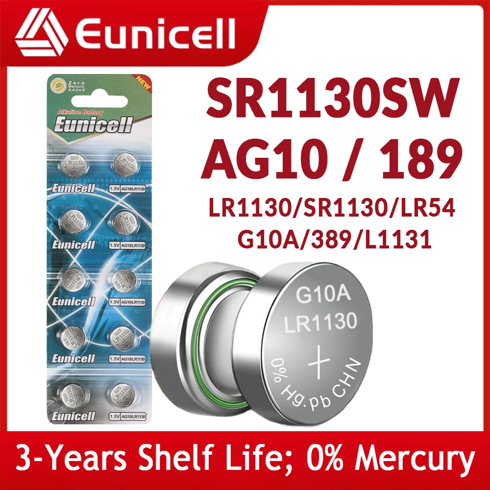 Pilas de botón Eunicell 75mAh SR1130 LR1130 AG10 189 389 LR54 L1131 389A 1,5 V pila de moneda alcalina para reloj batería